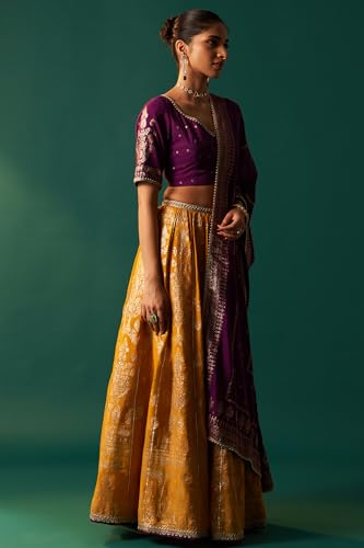 Wishful Women's Purple Embroidered Chanderi Jacquard Blouse with Flared Skirt and Dupatta Set (SP13161-314465-S)