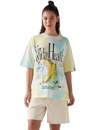 Bewakoof Official Garfield Merchandise Women's Graphic Printed Oversized Fit Half Sleeve Round Neck Cotton Jersey T-Shirt_648815_White_L