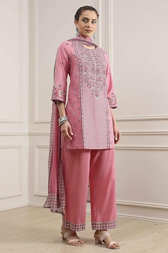 Biba Women's Light Pink Cotton Straight Printed Suit Set