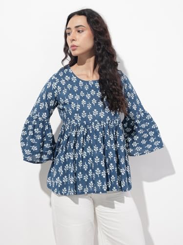 Divena Blue Floral Round Neck Peplum Top