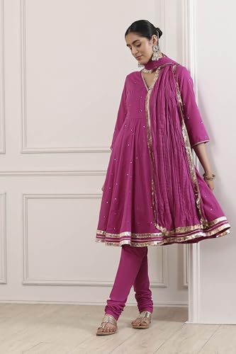 Biba Women Maroon Cotton Kalidar Suit Set_36