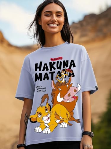 Bewakoof Official Disney Merchandise Hakuna Matata Women's Graphic Printed Oversized Fit Half Sleeve Round Neck Cotton T-Shirt_657328_Purple_3XL