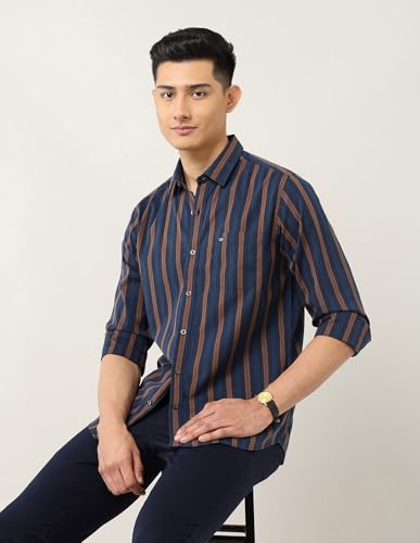 Arrow Sports Men's Striped Tailored Fit Shirt (ASAISH1762_Navy