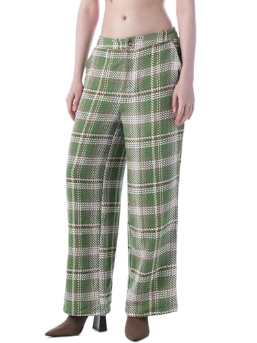 ONLY Women's Checked Flared Mid-Rise Green Pants