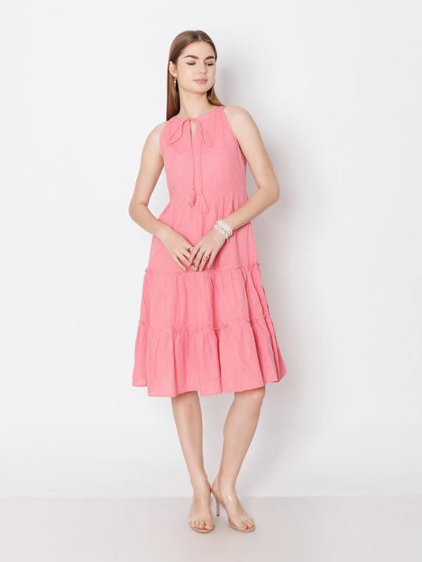 Zink London Women's Pink Solid Regular Fit Midi Dress