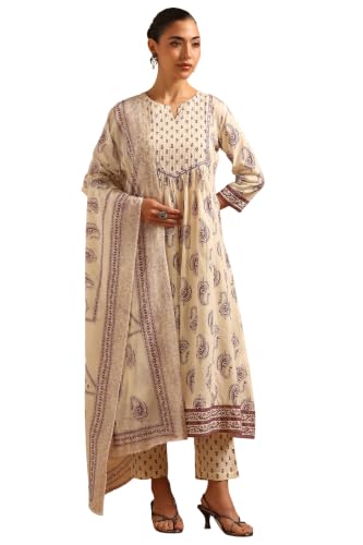 Soch Womens Off-White Cotton Block Printed Paisley Salwar Suit