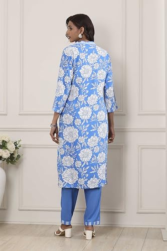 Biba Women Blue Viscose Rayon Straight Suit Set_34