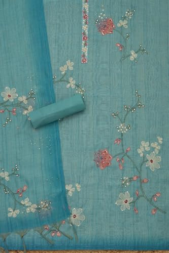 Soch Womens Blue Linen Shimmer Floral Print Unstitch Dress Material With Thread Work