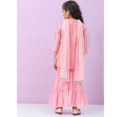BIBA Girl's Cotton Embroidery Relaxed Kid (Kw4164_Pink_11, Kurta Sharara Set)