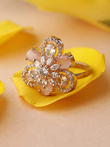 Priyaasi Elegant American Diamond Ring for Women | Rose Gold-Plated | Pretty Floral Design | Adjustable Size | Cocktail & Party Ring for Girlfriend, Wife, Fiance