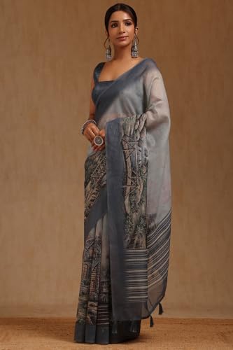 Soch Womens Grey Chanderi Digital Print Saree