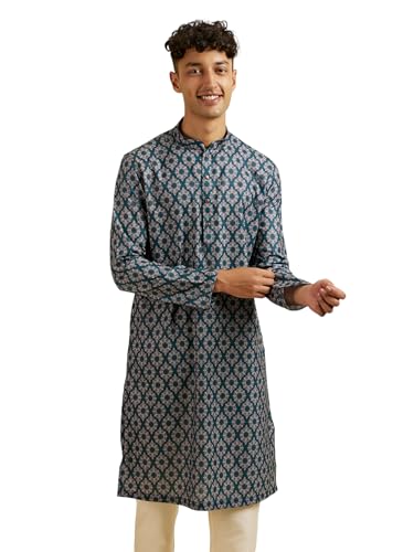 Manyavar Men's Cotton Blend Digital Print Long Kurta (Green,L)