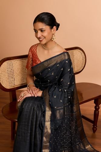 Taneira Women Black Bengal Pure Silk Aari Embroidered Saree with Unstitched Blouse Piece (SAIH01AC2215-Black)