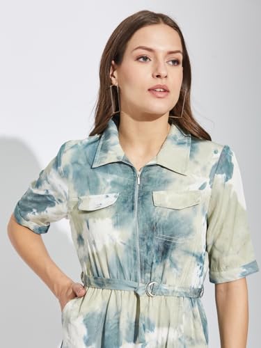 Latin Quarters Women's Green Half Sleeves Collared Tie-Dye Casual Dress_L