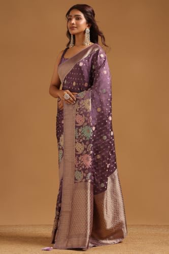 Soch Womens Lavender Satin Botanical Zari Woven Saree