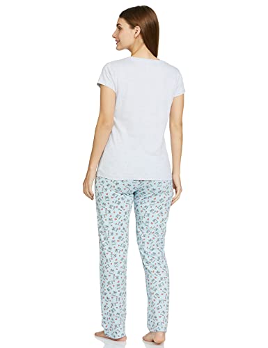 Max Women Printed Round Neck T-Shirt with Elasticated Pyjama,Grey Melange,M