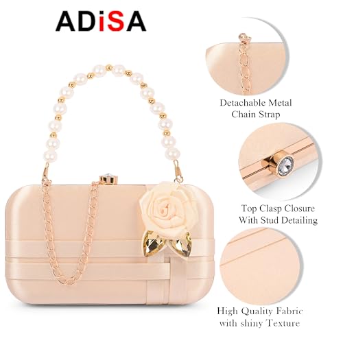 ADISA Studded flower formal party clutch with pearl handle and gold chain for women and girls (CL111-GOL)