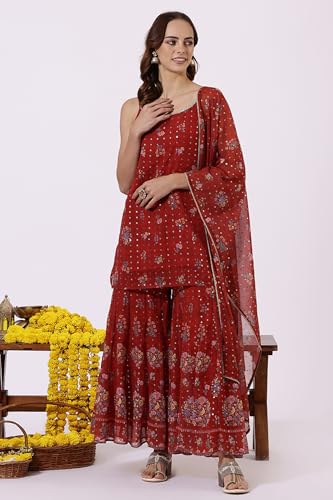W Red Floral Printed Straight Kurta, Sharara Pant & Dupatta for Women (Size: L)-24AUWS12588-125772