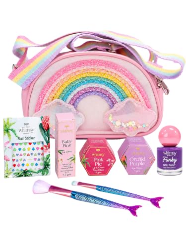 Whimsy Beauty Organic & Safe Sling Bag Makeup Kit | Safe, Non Toxic Beauty Set for Preteen & Teen Girls |Lip & Cheek Tint, Lip Gloss, Eye Glitter & Nail Polish | Vegan & Cruelty Free (Pack of 7)