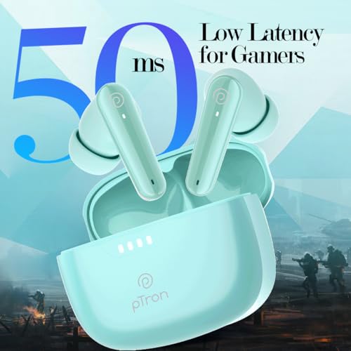 pTron Basspods Tour TWS Earbuds with 3D AudioScape, 45Hrs Playtime, TruTalk AI-ENC Calls, 50ms Low Latency Sync, BT v5.3, Type-C Fast Charging, Voice Asst. & IPX5 Water Resistant (Mint Julep)