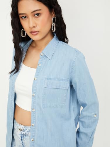 Max Women Washed Denim Shirt (Blue_L)