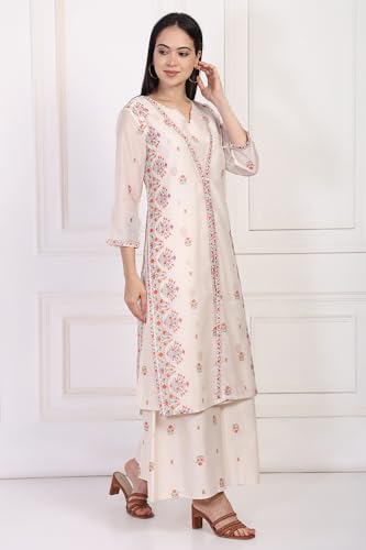 W for Woman Off-White Floral Print Lace Straight Kurta with Inner Flared Pant and Dupatta Set (WS13083-126482-L)