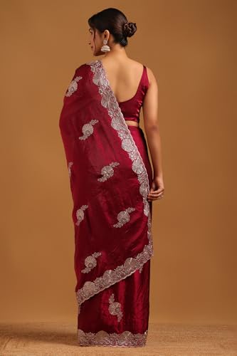 Soch Womens Wine Organza Floral Saree With Zari Embroidery and stone work