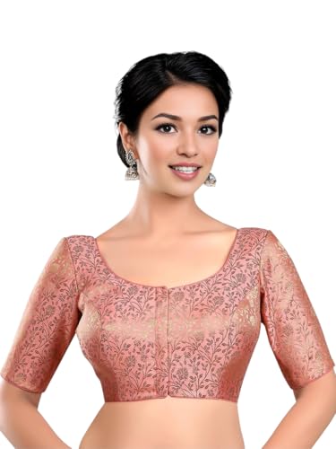 Biyu Women's Brocade Floral Woven Round Neck Half Sleeves Readymade Saree Blouse (Peach, 46)