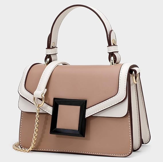 Diva Dale Women's Handbag | Elegant Faux Leather Shoulder Bag with Stylish Buckle & Gold Chain Sling | Trendy Crossbody Purse for Women – Beige & White (Peach)