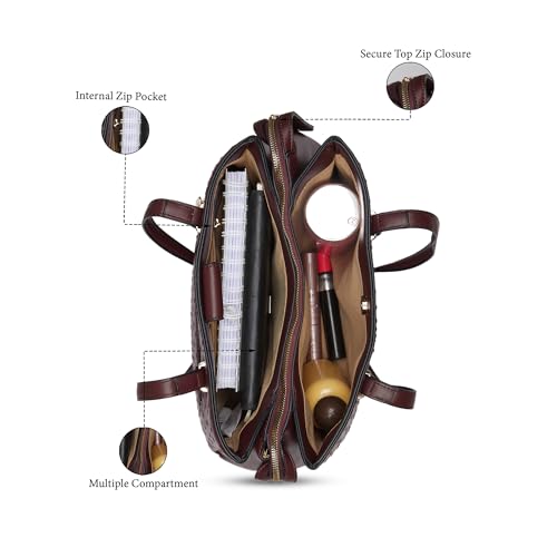 Caprese Britney Large Satchel Bag for Women | Premium Animal Texture Faux Leather Shoulder Bag | Stylish Office & Casual Handbag | Spacious Tote with Zipper & Magnetic Button Closure (Cherry Lacquer)