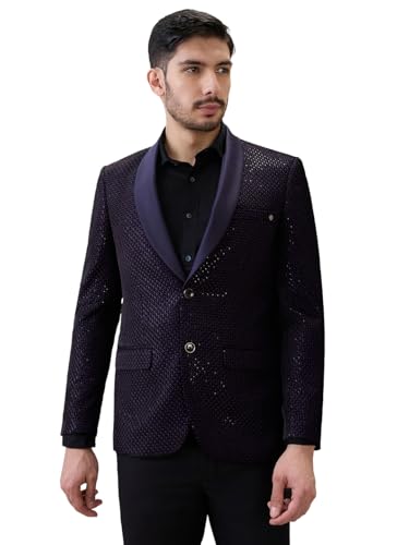 Raymond Men Regular Fit Structure Pattern Pure Polyester Shawl Collar Full Sleeve Ceremonial Suit Violet