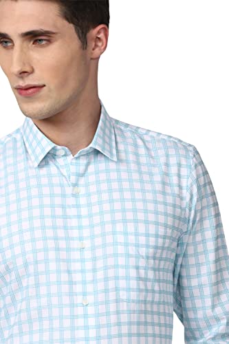 Peter England Men's Classic Checkered Formal Slim Fit Full Sleeve Shirt | Wonder Fabric | Cotton-Rich Light Blue