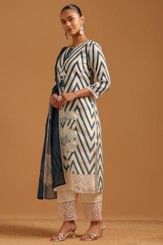 Soch Womens Teal Cotton Blend Printed Chevrons Machine Weave Sequence Work Salwar Suit