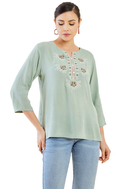 Soch Womens Sap Green Crepe Tunic with Geometric Embroidery