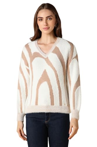 Allen Solly Women's Acrylic Blend V-Neck Sweater (AHSWCRGH914688_White