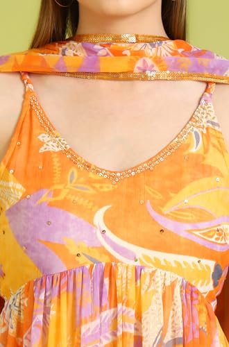 W for Woman Orange Abstract Printed Tiered Spaghetti Kurta and Leggings Set with Dupatta (Size: L)-WS11527-123741