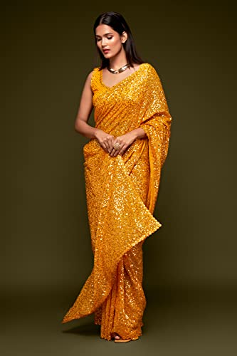 Zeel Clothing Women's Yellow Sequins Work Heavy Georgette Saree with Blouse (1009-Honey-Yellow-Sequins-Party-Saree, Honey Yellow)