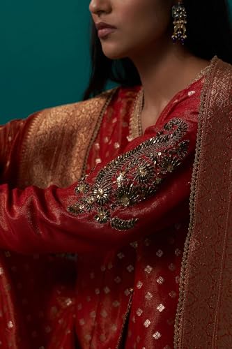 Wishful Women's Red Embroidered Tissue Jacquard Angarkha Kurta with Pant and Dupatta Set (SP12835-314436-2XL)