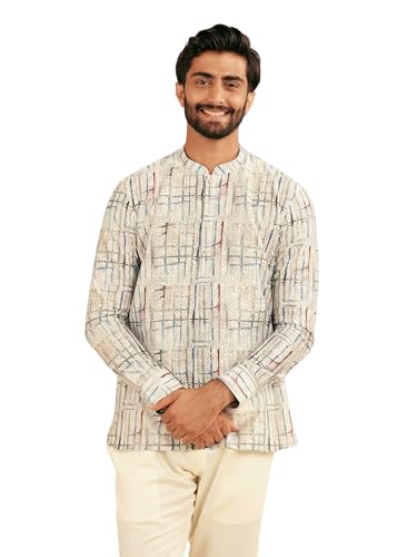 Manyavar Men's Knit Printed Short Kurta (Cream,XL)