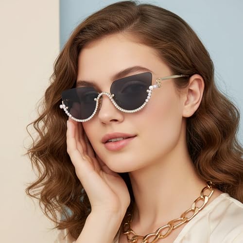Luxury Rimless Cat Eye Sunglasses for Women | Premium UV Protected Fashion Sunglasses | Stylish Lightweight Designer Shades for Driving, Travel, Beach & Outdoor Wear (Black)