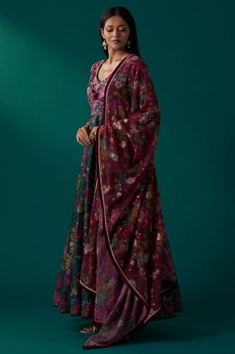 Wishful Women's Green Floral Printed Sequined Yoke Festive Anarkali Dress with Churidar and Dupatta Set (SP12848-126754-XL)