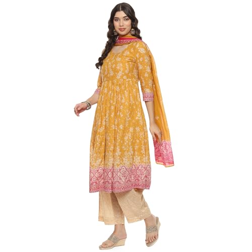 BIBA Women EMBROIDERY STRAIGHT SALWAR KURTA DUPATTA(SKDPARSI GA8889_YELLOW_34)