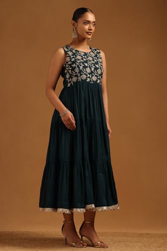 Soch Womens Teal Chanderi Floral Dress with Zari