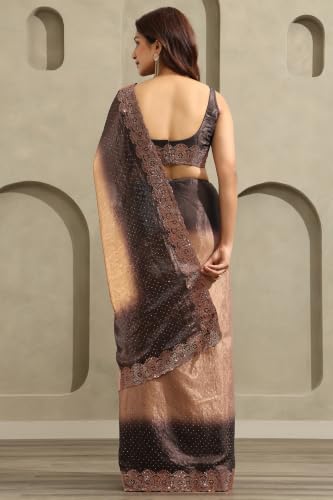 Soch Womens Brown Fendy Organza Ombre Stone Embellished Saree