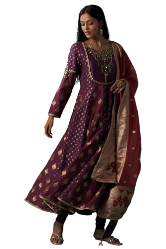 Wishful Women's Purple Zari Embroidered Chanderi Jacquard Anarkali Kurta with Churidar and Dupatta Set (SP12833-314433-XL)