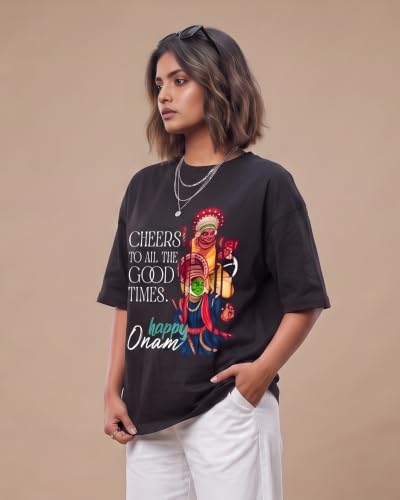 BRATMAZ Women's Happy Onam Graphic Printed Oversized Black T-Shirt