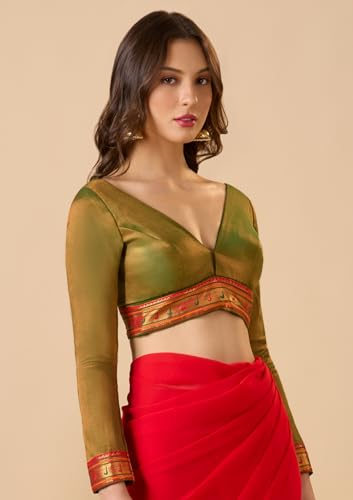 S SALWAR STUDIO Green Cotton Tissue V Neck Full Sleeves Readymade Blouse with Paithani Lace Border
