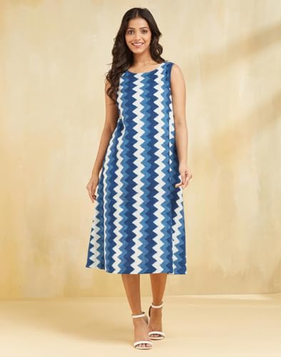 Fabindia Indigo Cotton Linen Dabu Printed Midi Dress
