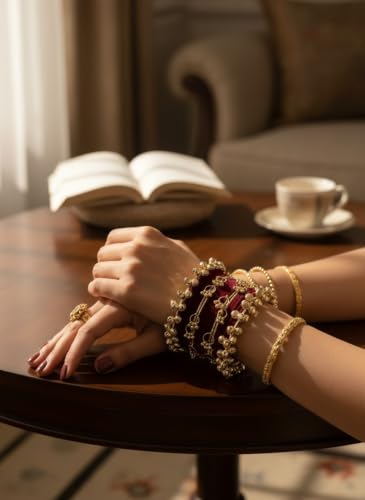 EA'S ACCESSORIZE Women’s Traditional Bangle Set 24 Pcs | 18 Aluminium Bangles, 4 Kashmiri Bangles & 2 Big Ghungroo Bangles | Maroon & Gold Stone Work Ethnic Bangles for Women, 2.4
