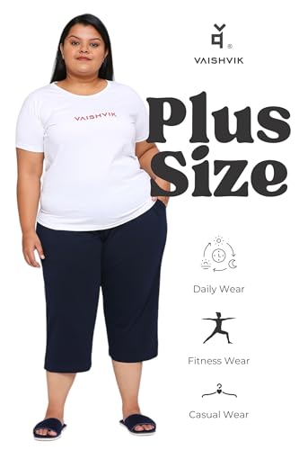 VAISHVIK Women Plus Size Calf Length Pants - Nila 4XL 44 Waist inches Navy Blue